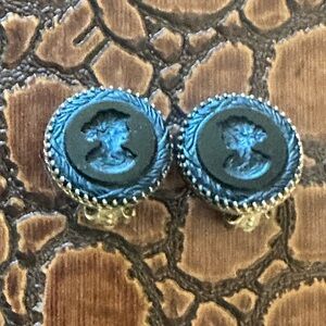 Vintage Whiting & Davis Round All Black & Gold Lady Cameo Clip On Earring Pair.